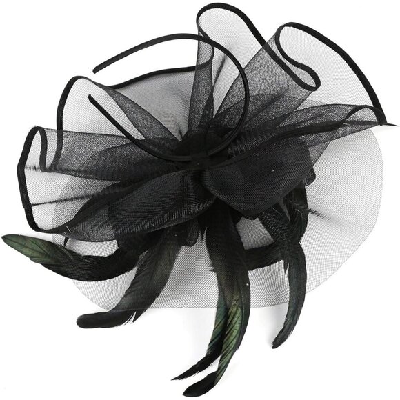 Women\'s Vintage Linen Feather Fascinator Hat for Wedding Derby Party